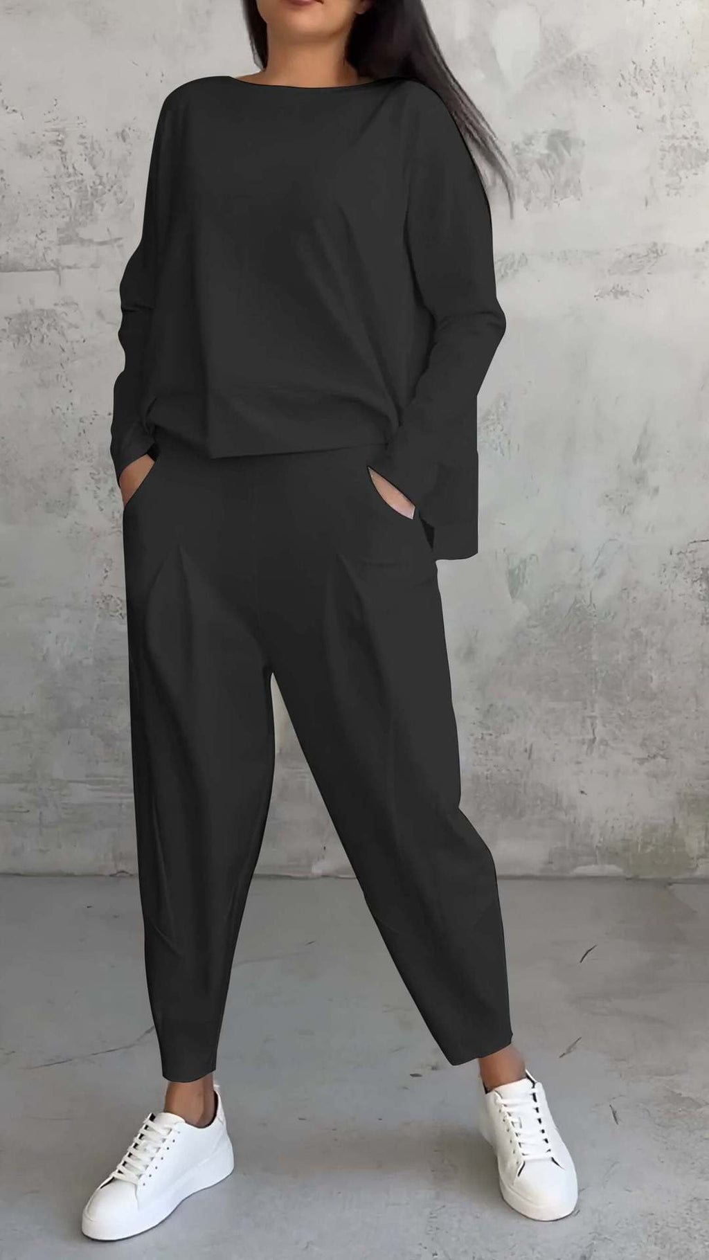 Women's Irregular Long-Sleeve Top & Harem Pants Set Black