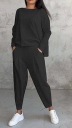 Women's Irregular Long-Sleeve Top & Harem Pants Set Black