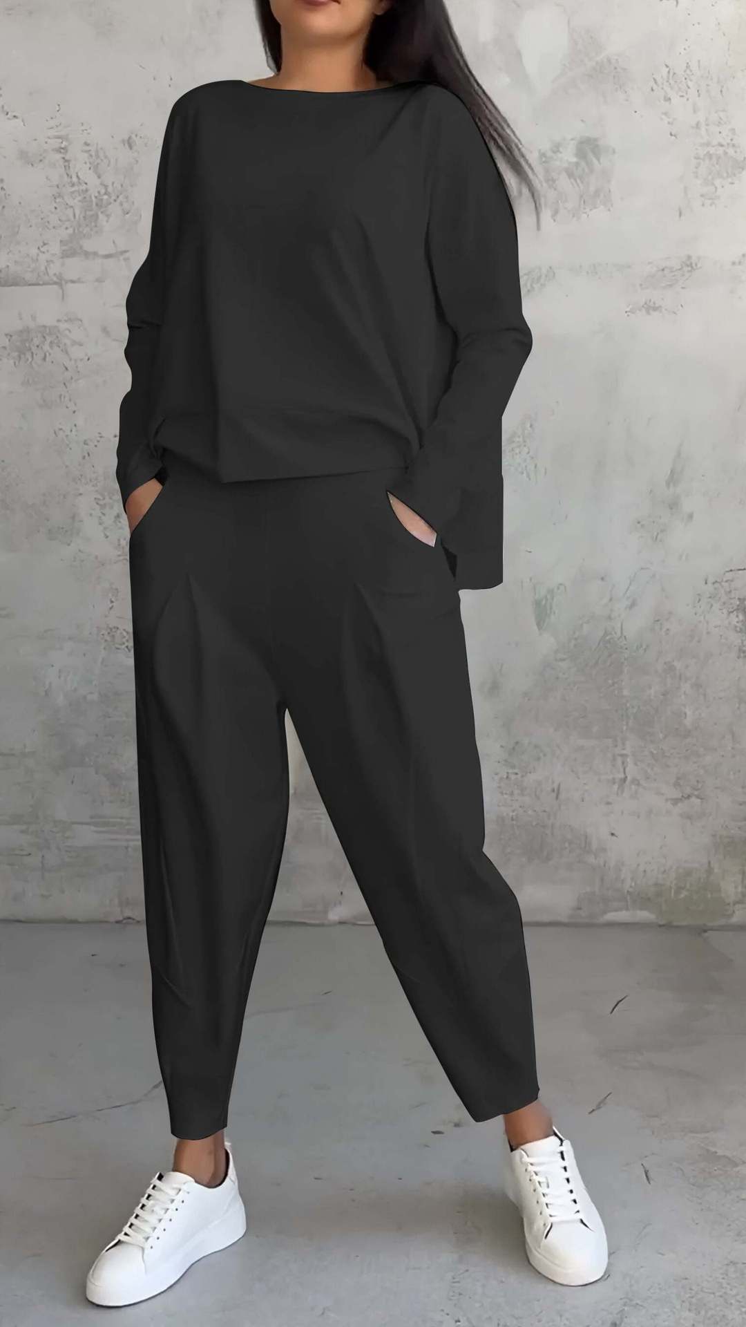 Women's Irregular Long-Sleeve Top & Harem Pants Set Black