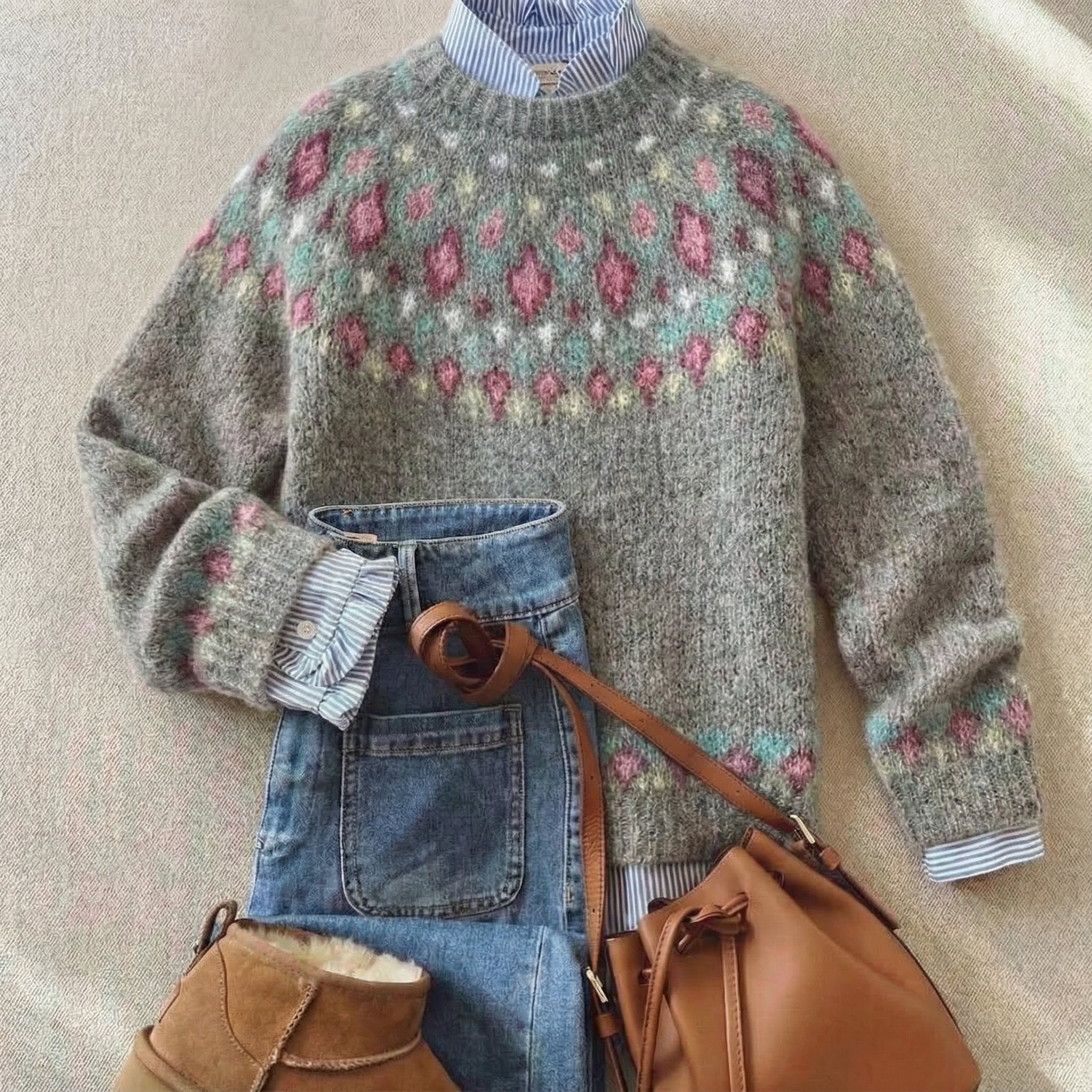 Women's Vintage Nordic Heritage Sweater Soft Gray Pastel