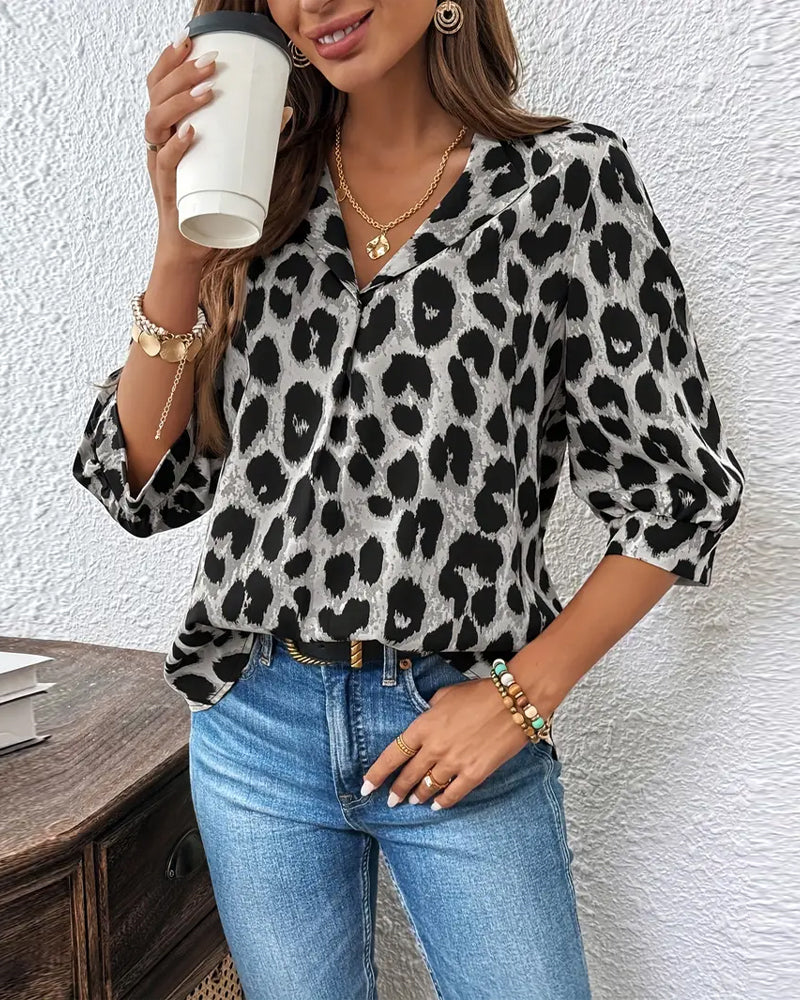 Womens Leopard Print Loose Blouse Gray