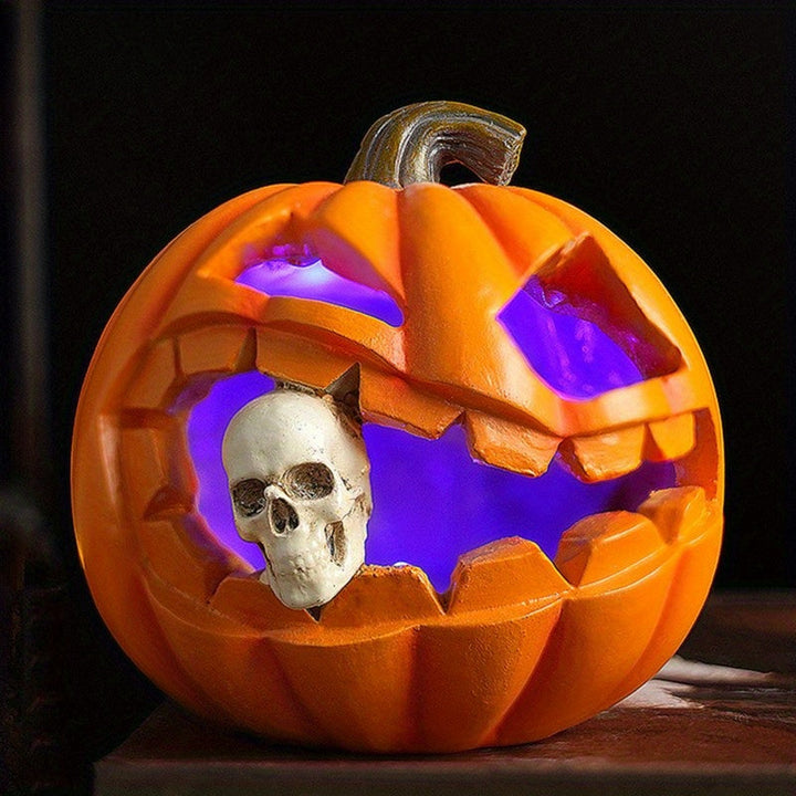Halloween's Carved Jack O'Lantern Ornament with Skull Detail in Resin Orange