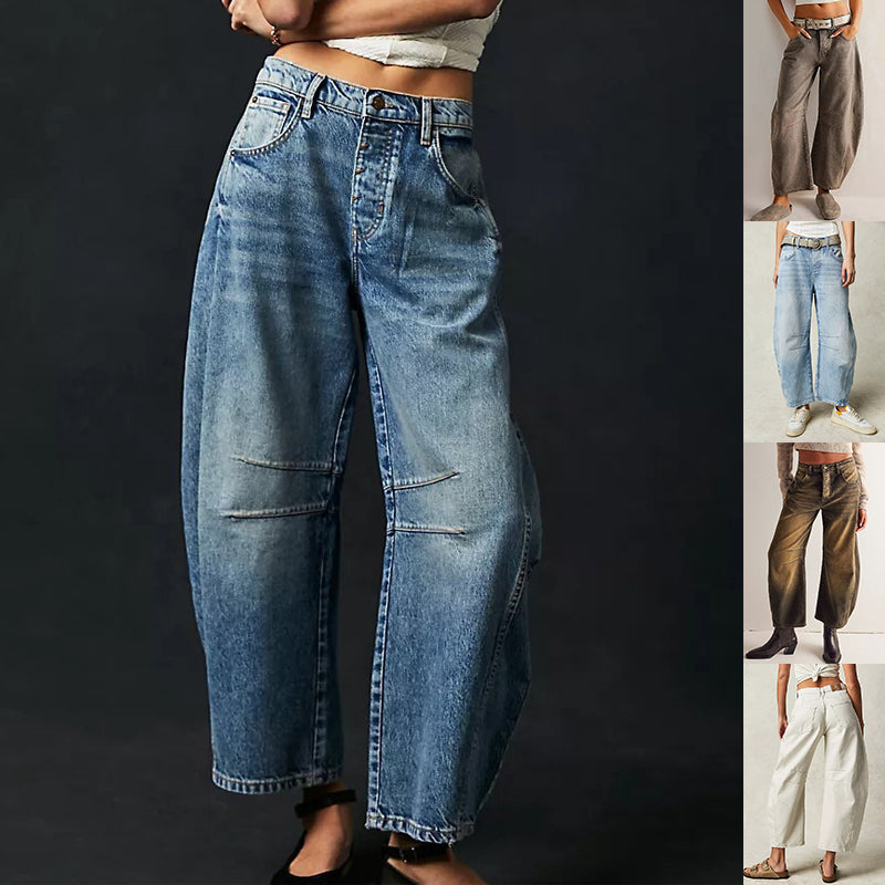 High-Stretch Mid-Rise Barrel Jeans-MODAUTLET