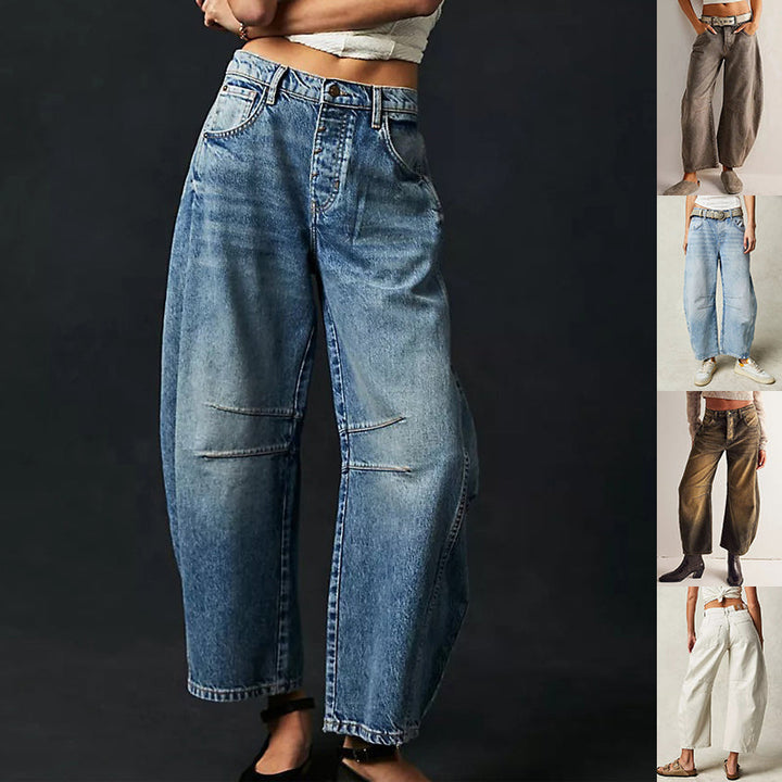 High-Stretch Mid-Rise Barrel Jeans-MODAUTLET