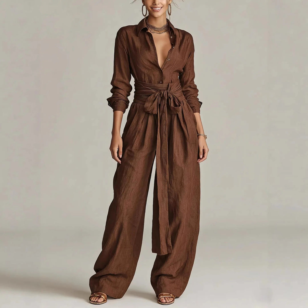 Florence | Women's Cotton-Linen Belted Long-Sleeve Jumpsuit