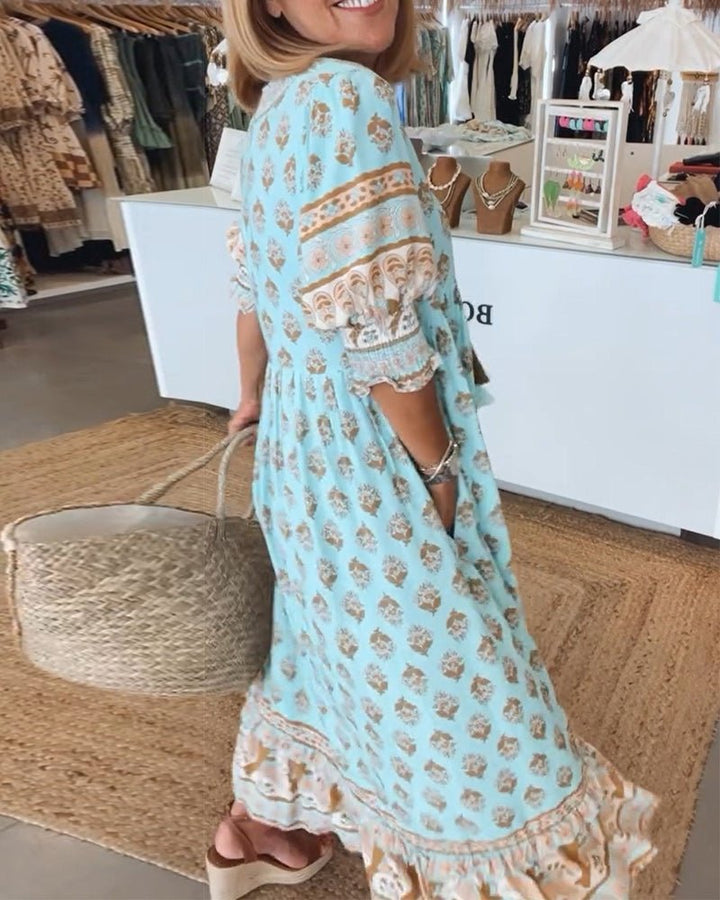 Elizabeth | Vestido midi bohemio para mujer con estampado y lazo de borlas