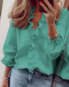 Women's Chic Ruffle-Trim V-Neck Blouse Green