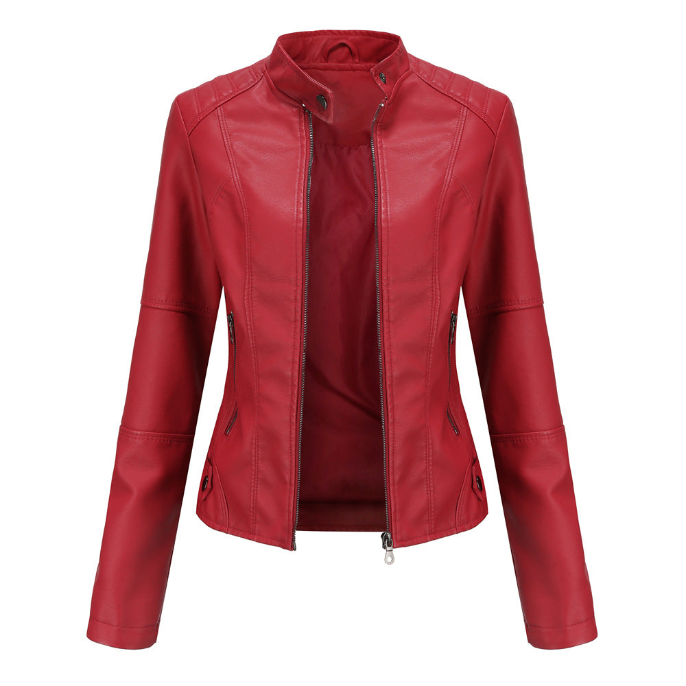 Womens Slim Leather Jacket Lightweight Casual Fashion Red