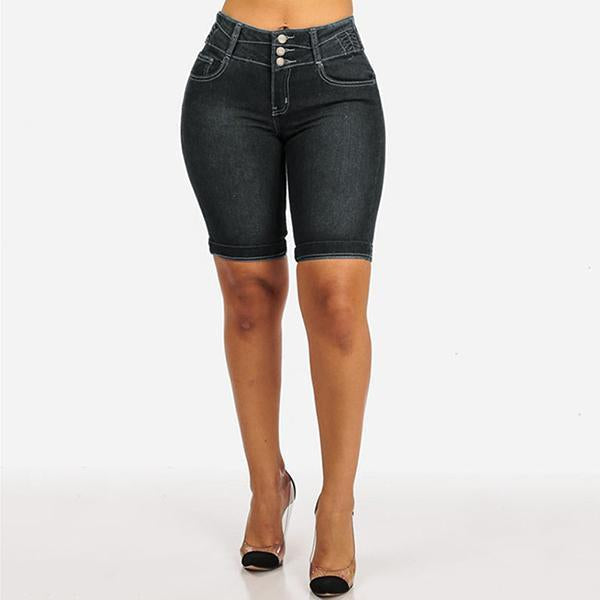 Women's Mid Rise Button-Up Stretch Denim Shorts - Clearance Sale