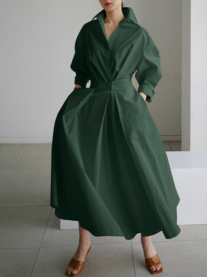 Elegant Women's Belted Shirt Maxi Dress