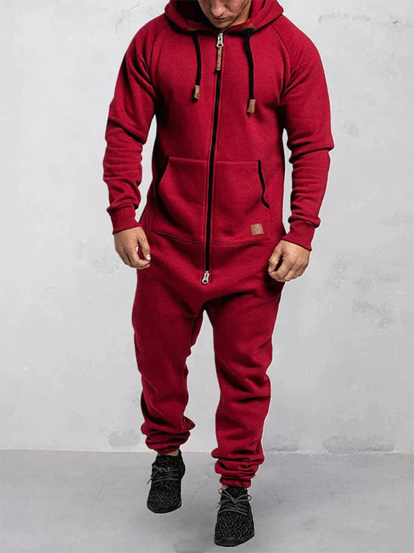 Herren-Jumpsuit aus Fleece mit Kapuze, Reißverschluss und einfarbigem Design