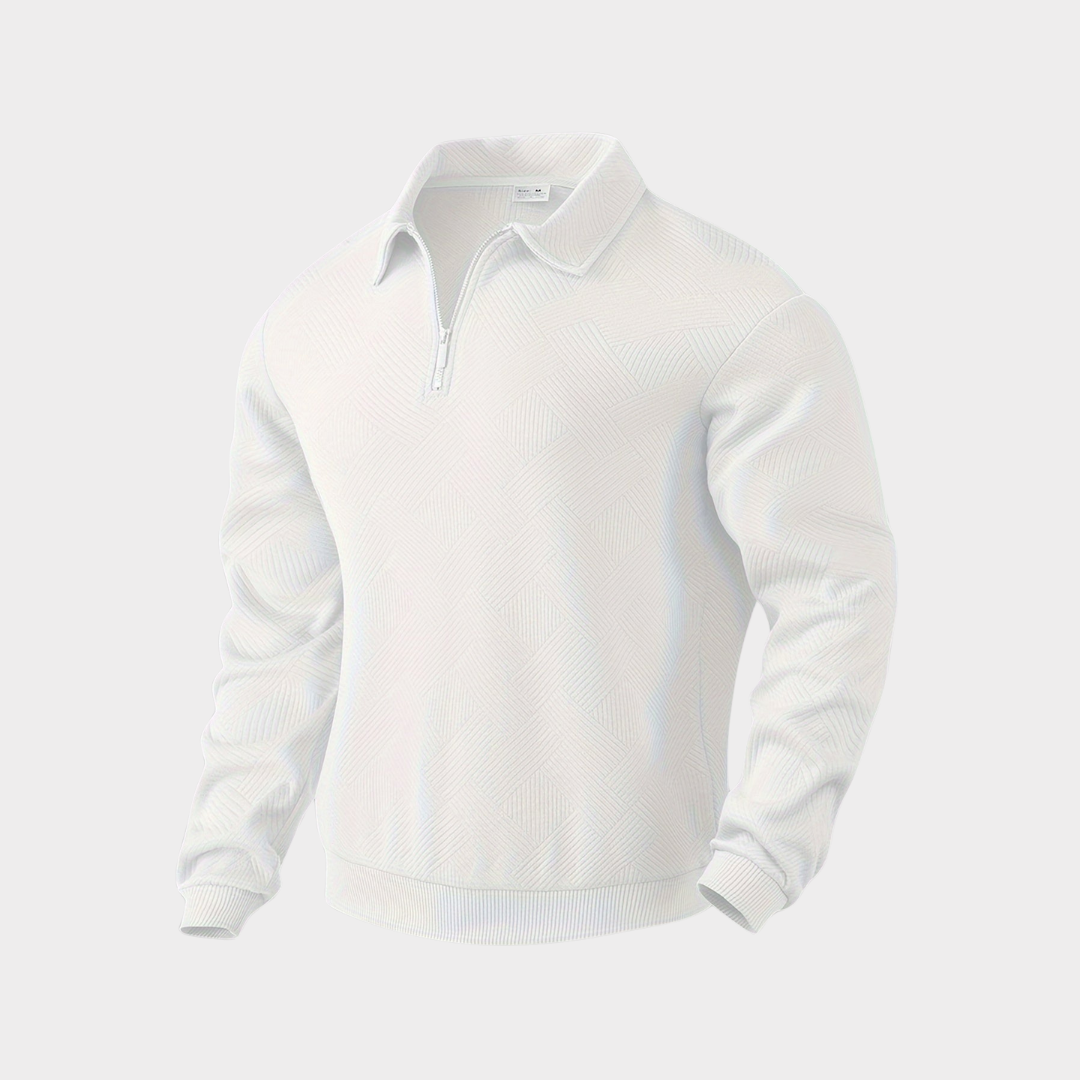 Men's Textured Knit Half-Zip Collared Sweatshirt White