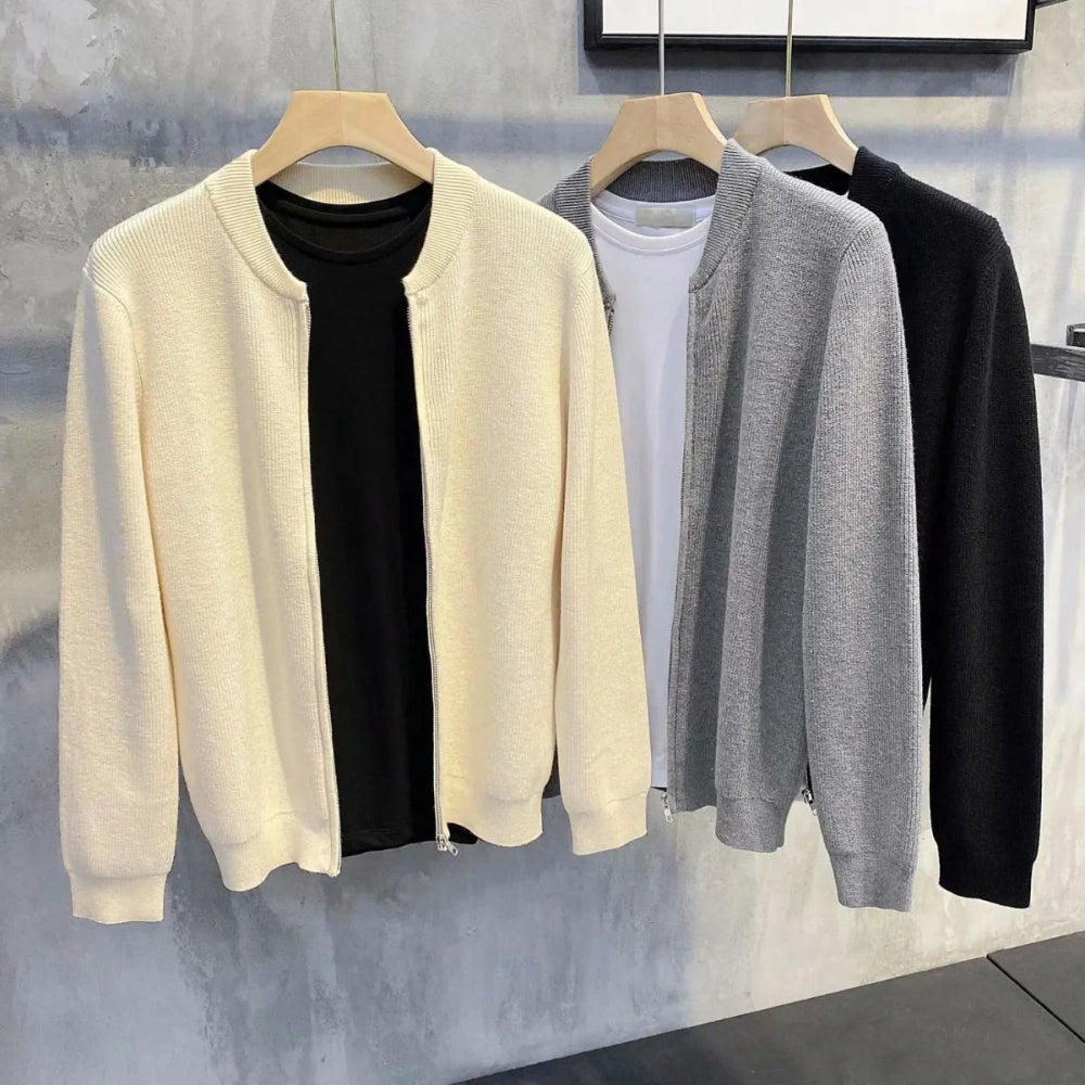 Men's Ribbed Zip-Front Cardigan with Relaxed Fit