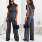 Women's Elegant Smart Casual Set: Relaxed Fit Waist-Length Top & High-Waisted Pleated Palazzo Pants