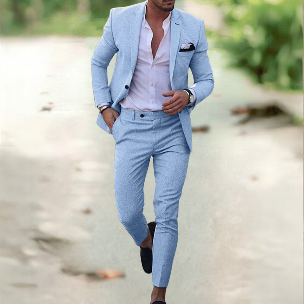 Breathable Linen Suit For Men Summer Two Piece Outfit Sky Blue