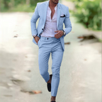 Breathable Linen Suit For Men Summer Two Piece Outfit Sky Blue