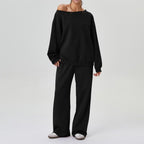 Women's Cozy Off-Shoulder Sweatshirt & Relaxed Wide-Leg Pants Set Black