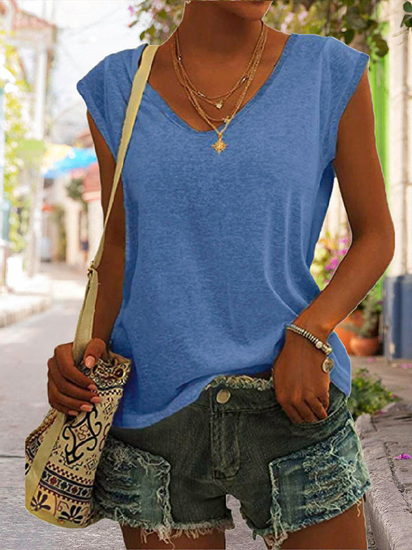 Damen T-Shirt mit V-Ausschnitt, kurzen Kappenärmeln und lockerem Schnitt