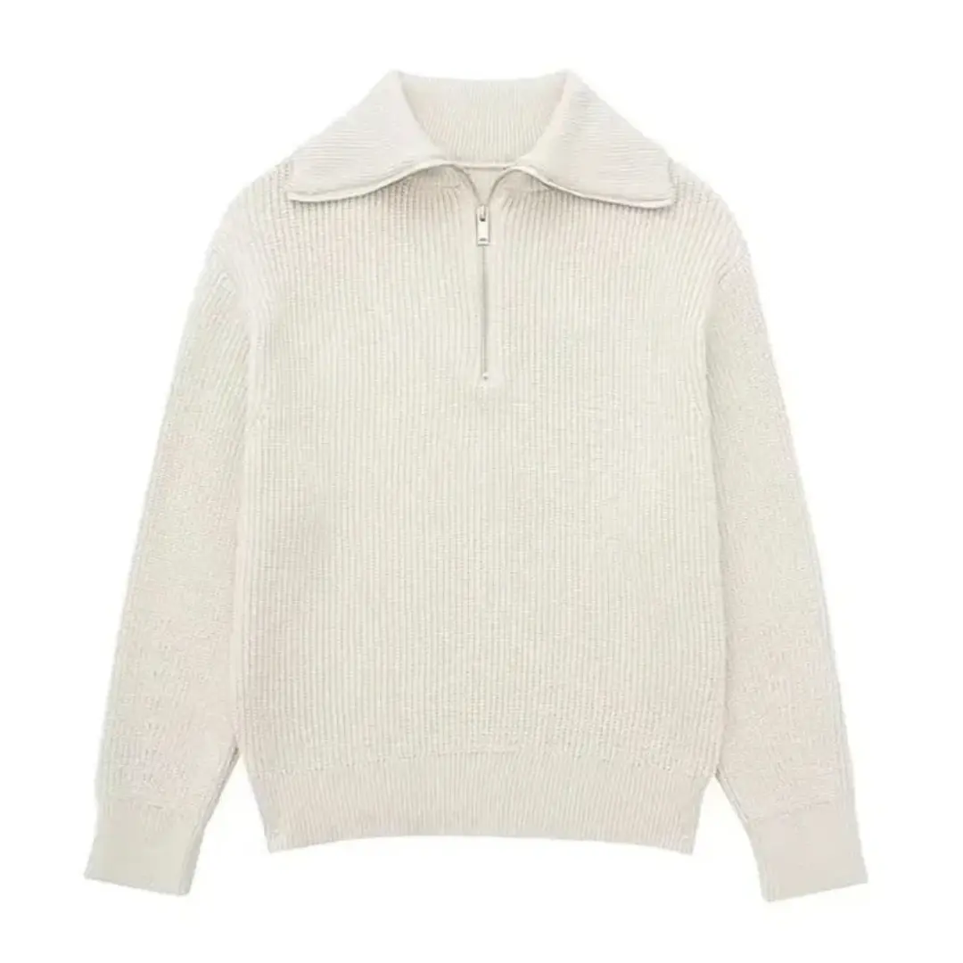 Striped Nordic Zip-Up Sweater Beige