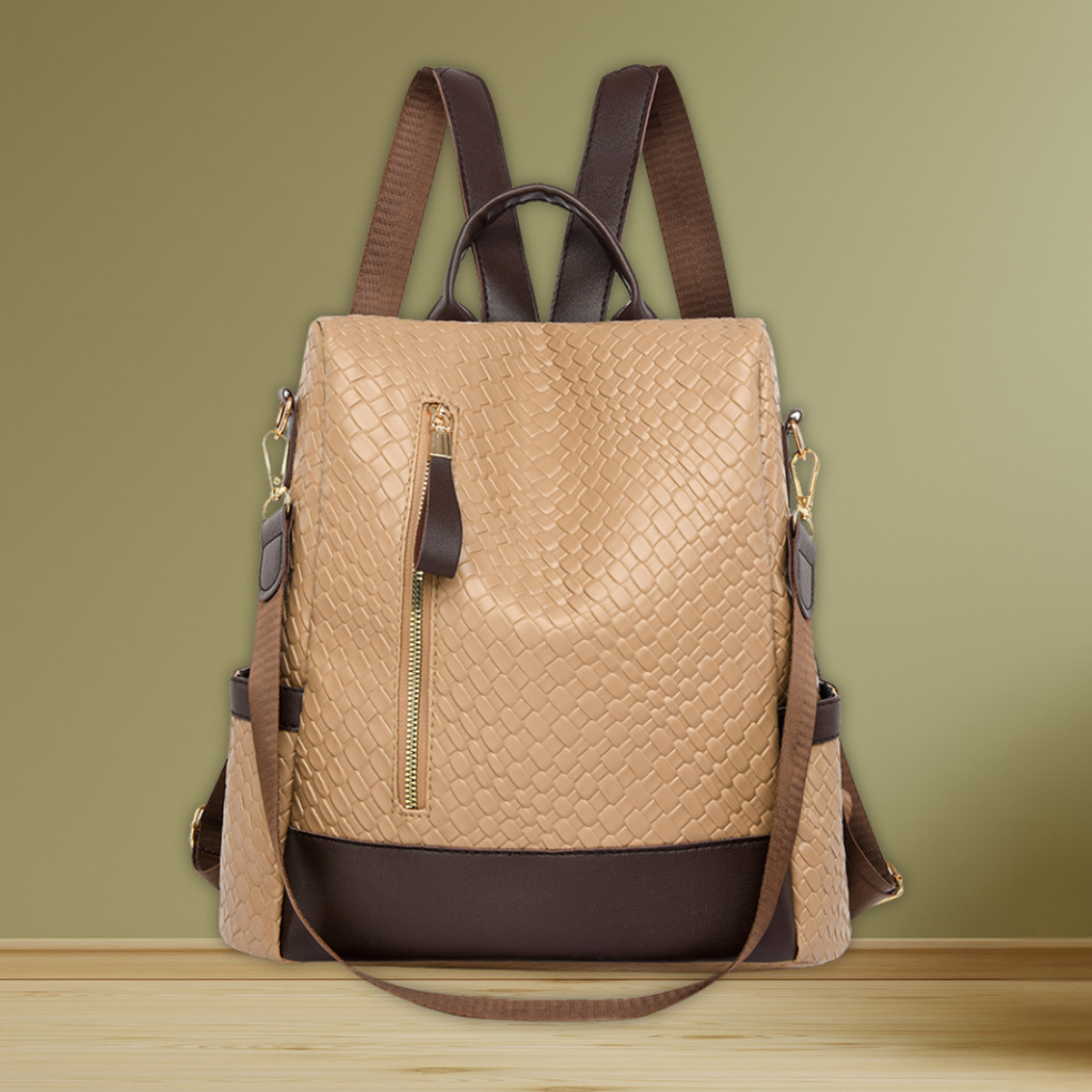 Soft Leather Woven Backpack For Women With Ample Storage Khaki