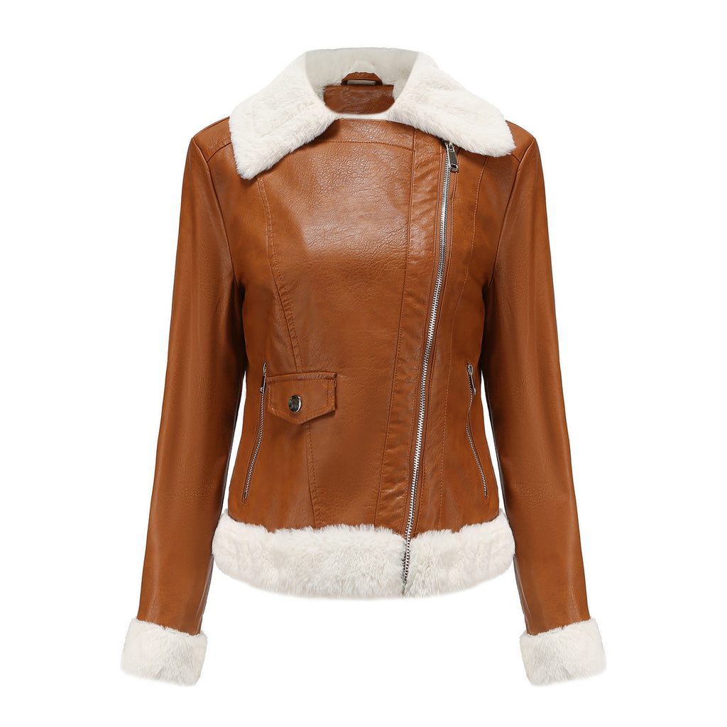 Womens Eco Leather Winter Jacket With Plush Fleece Lining Camel