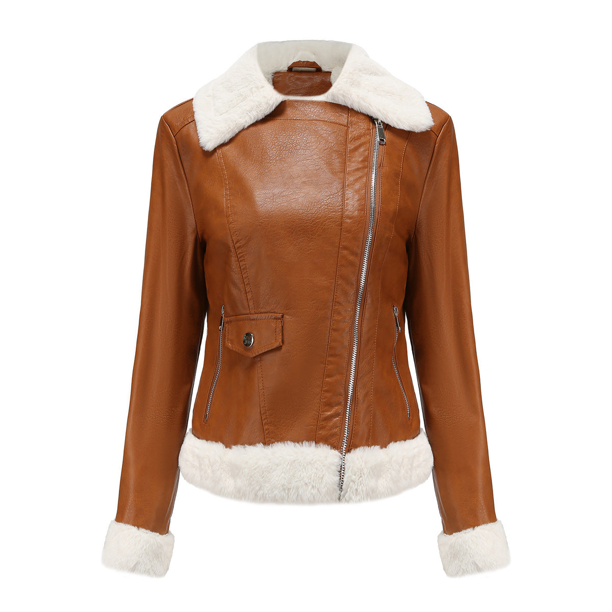 Womens Eco Leather Winter Jacket With Plush Fleece Lining Camel