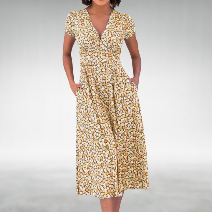 Alice | Damen Midikleid mit Blumenmuster, V-Ausschnitt und Tasche