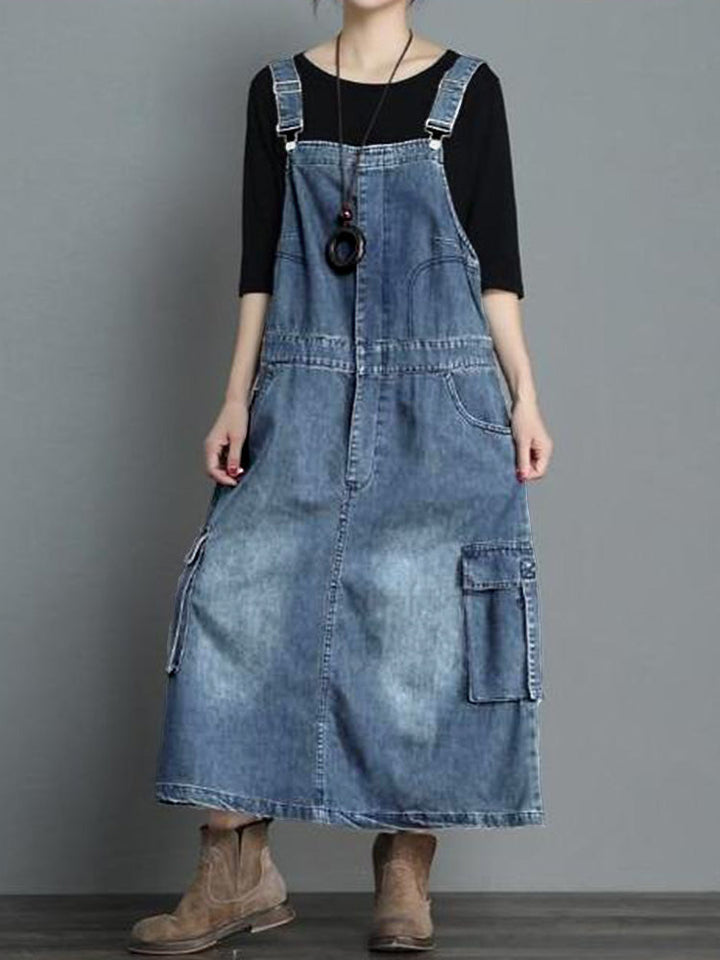 Løs denim overallkjole til kvinder