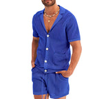 Men's Summer Hollow Short Sleeve Shirt And Shorts Set Royal
