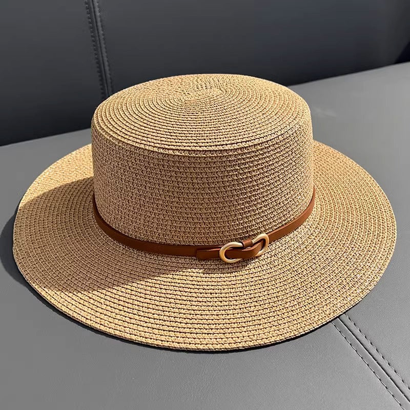Chapéu de Palha Feminino Plano de Verão com Proteção UV para Uso à Beira-Mar