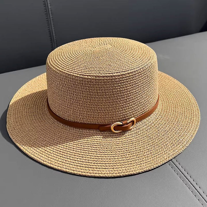 Chapéu de Palha Feminino Plano de Verão com Proteção UV para Uso à Beira-Mar