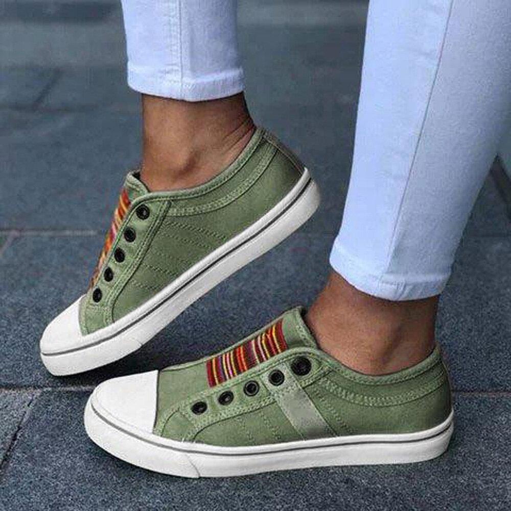 Women's Large Canvas Elastic Flats Green
