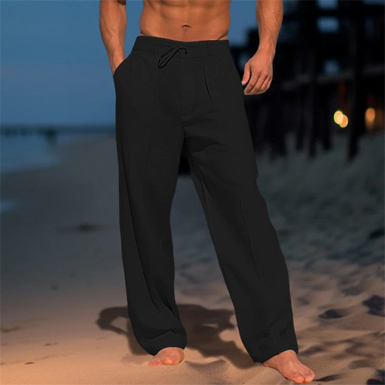 Men's Wide-Leg Casual Drawstring Pants with Pockets Black