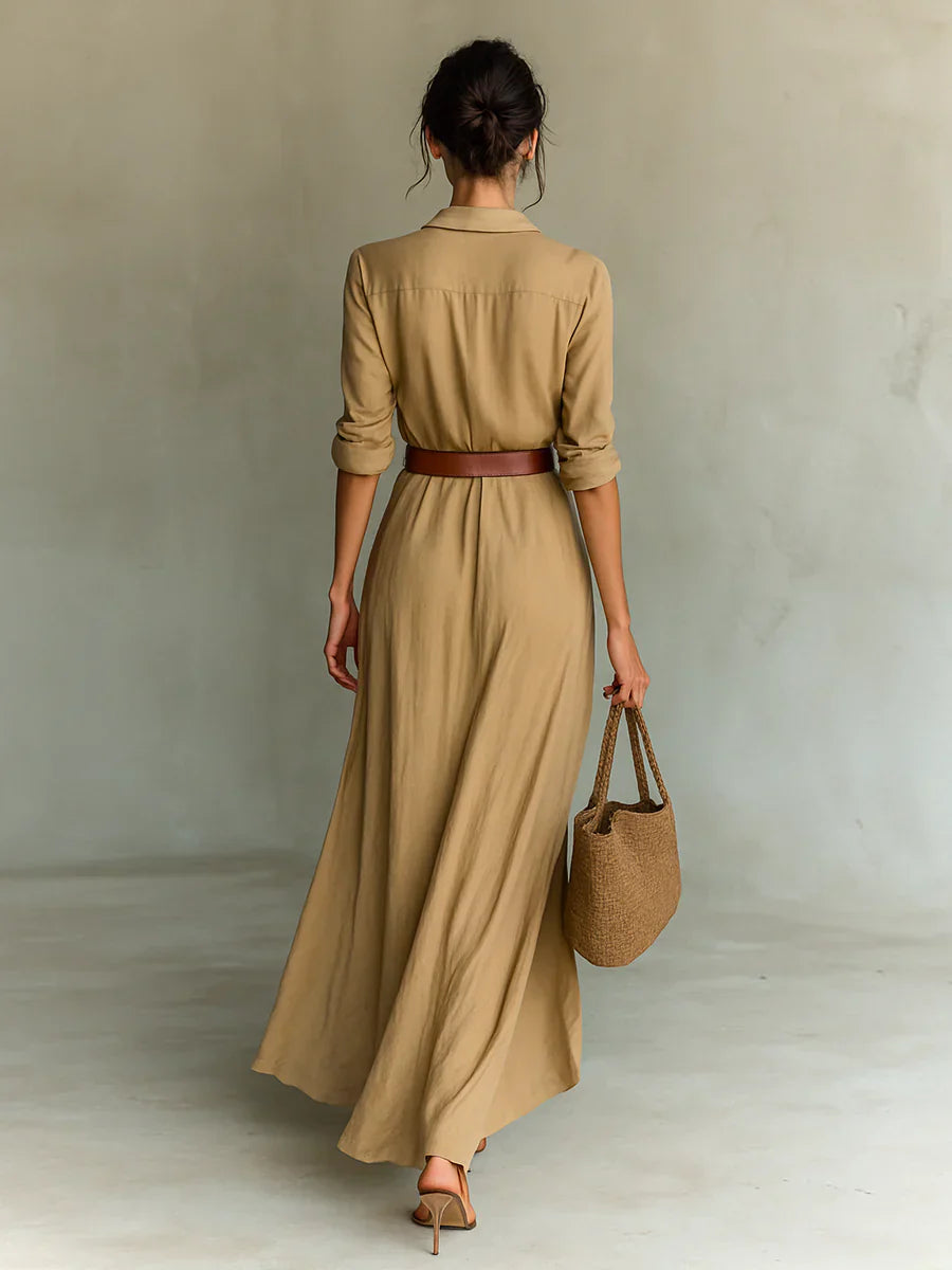 Vestido largo maxi para mujer con solapa, manga larga y cinturón