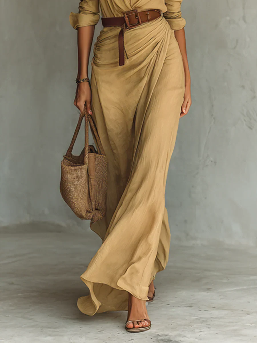 Vestido largo maxi para mujer con solapa, manga larga y cinturón