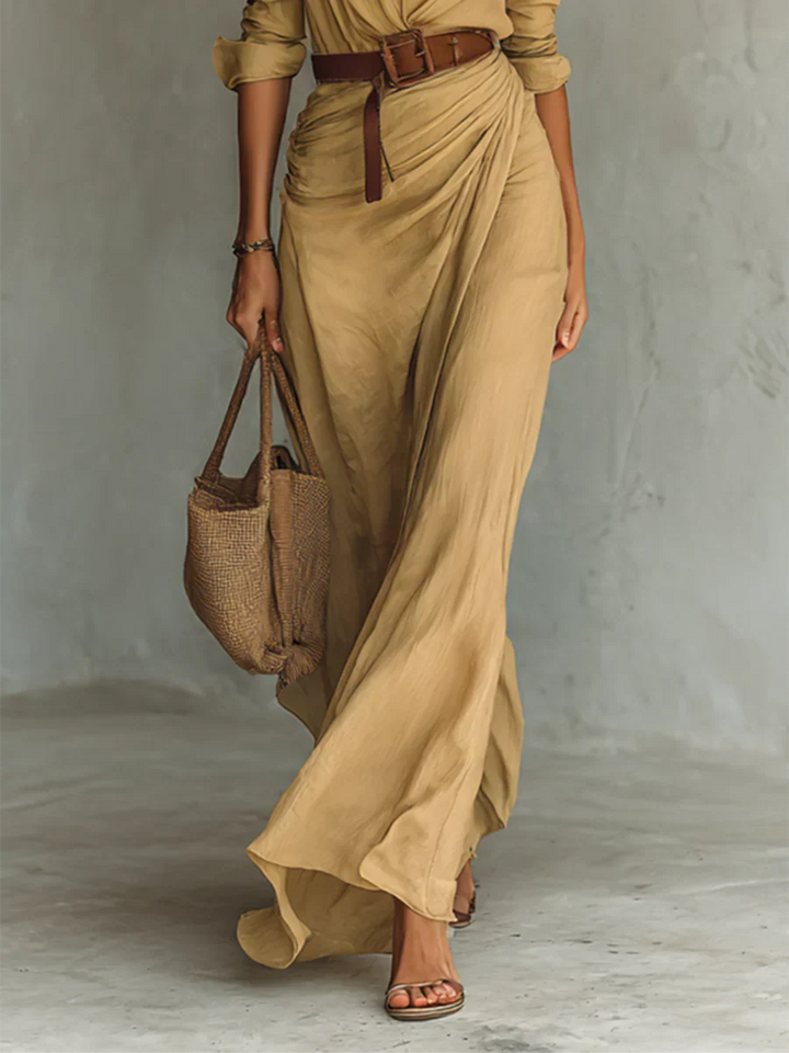 Vestido largo maxi para mujer con solapa, manga larga y cinturón