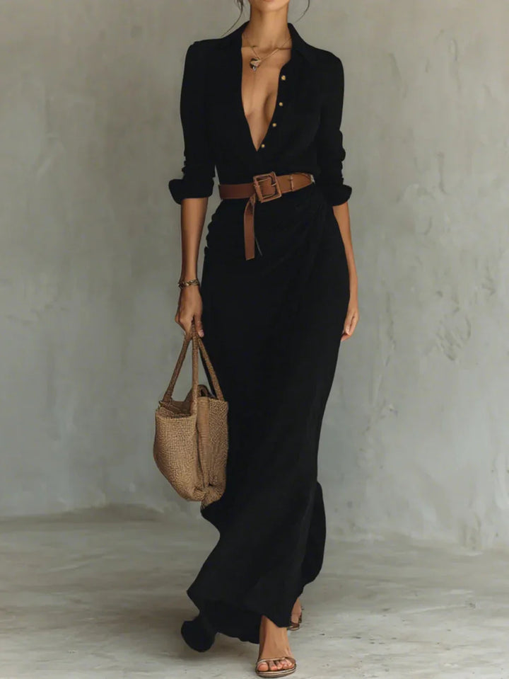 Vestido largo maxi para mujer con solapa, manga larga y cinturón