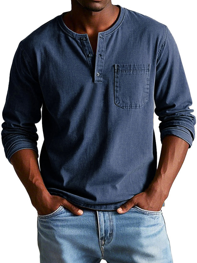 Mens Long Sleeve Henley Shirt Soft Cotton Blend Casual-MODAUTLET