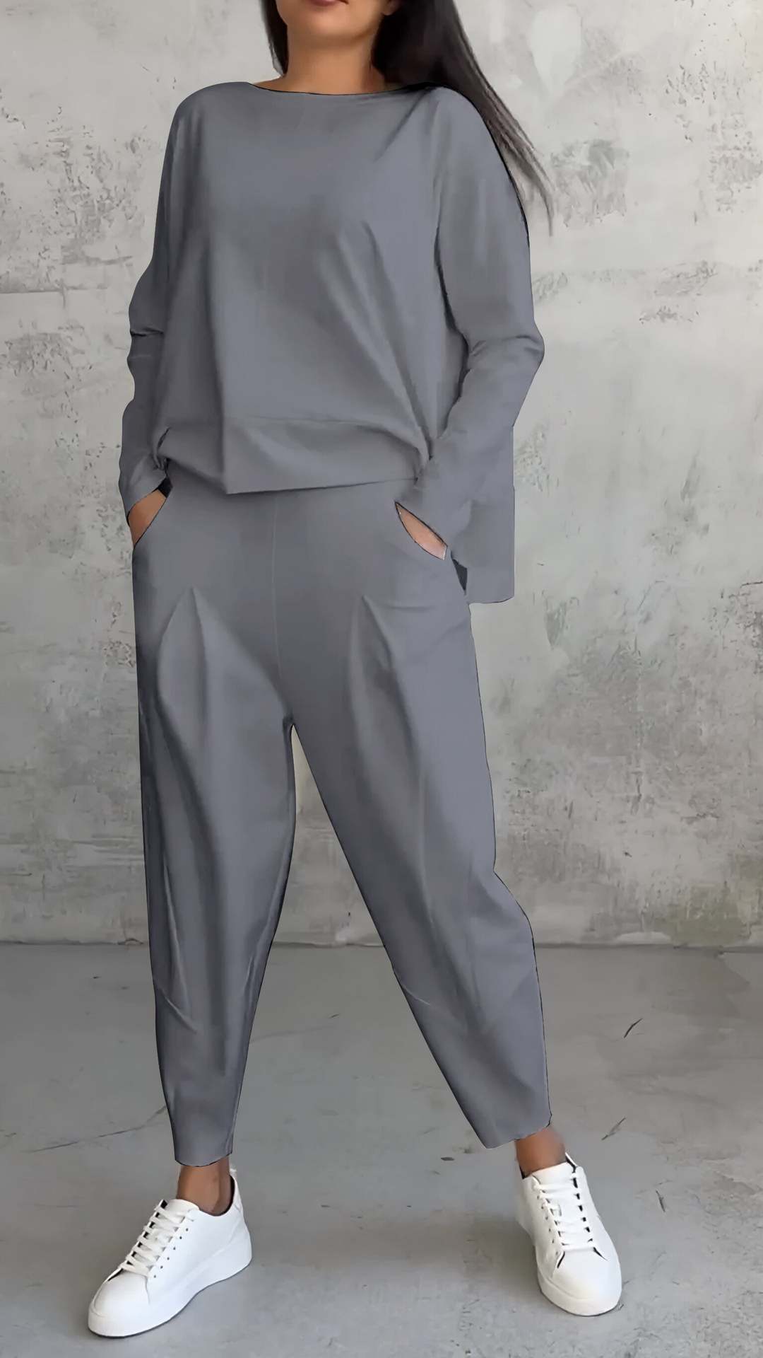 Women's Irregular Long-Sleeve Top & Harem Pants Set Gray
