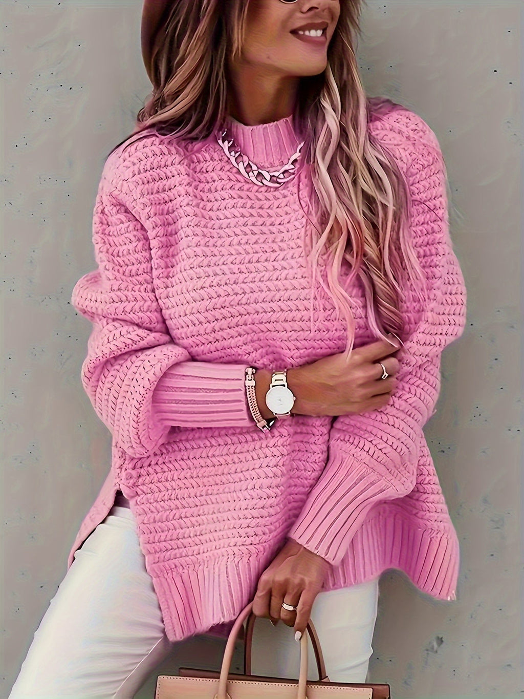 Women’s Knitted Sweater with Side Slit – Cozy Casual Knit Pullover Pink