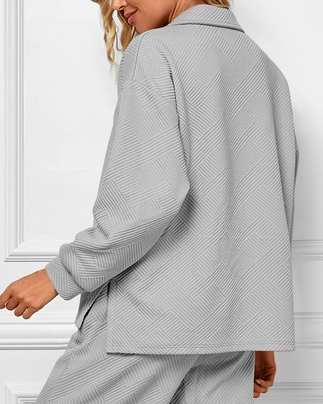 Mireya Textured V‑Neck Lounge Two‑Piece Set-MODAUTLET