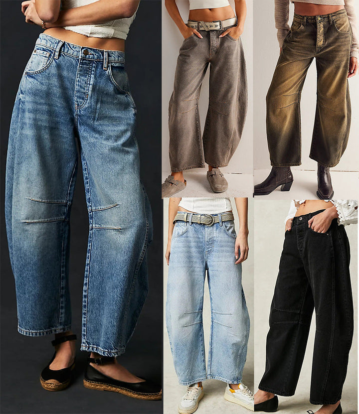 High-Stretch Mid-Rise Barrel Jeans-MODAUTLET