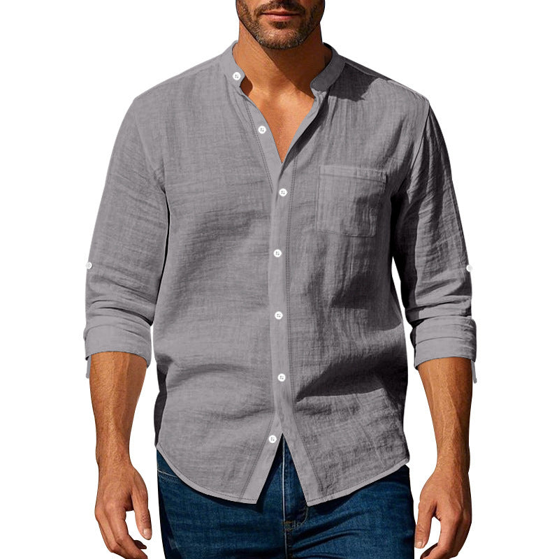 Men’s Stand‑Collar Long‑Sleeve Shirt with Pockets Dark Gray