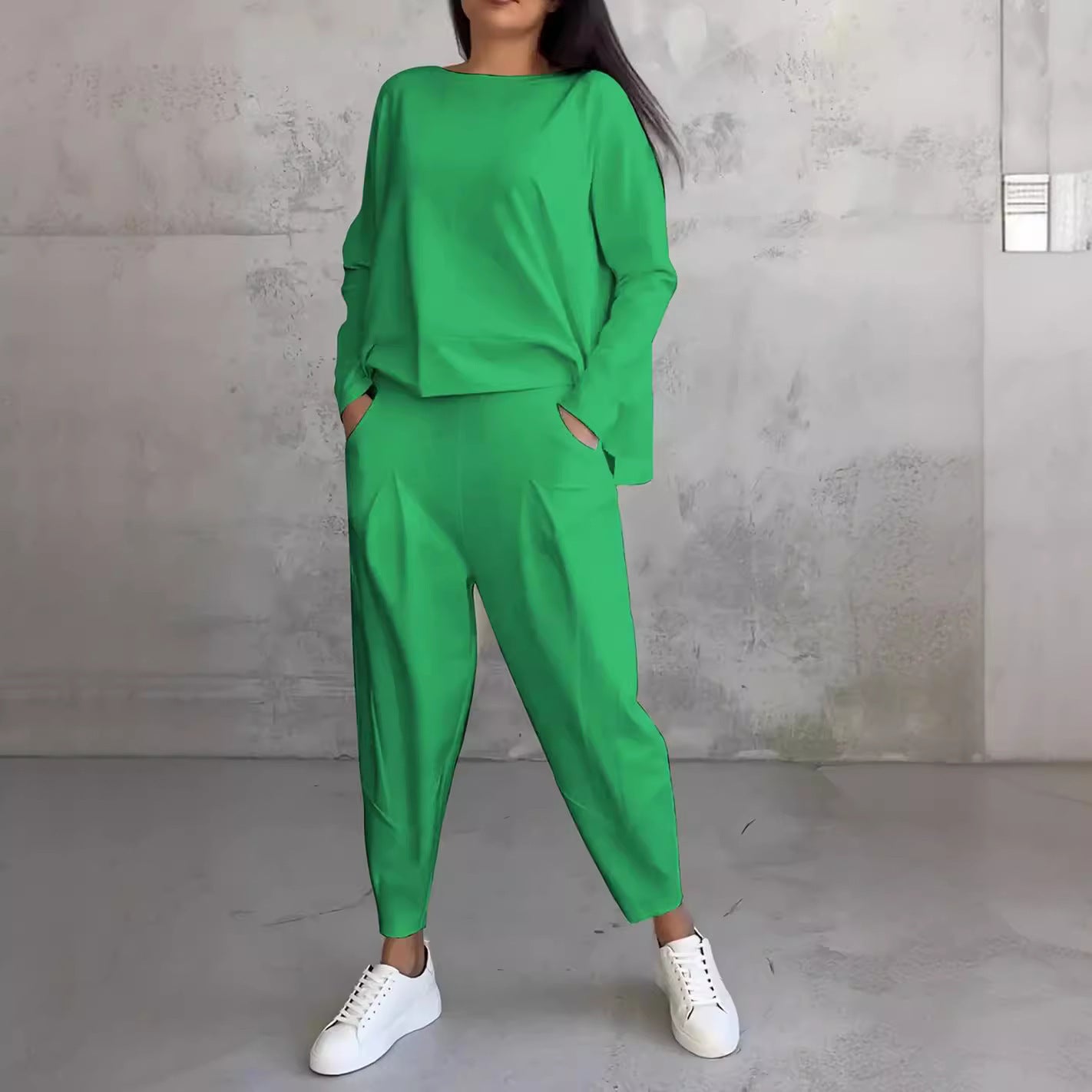 Women's Irregular Long-Sleeve Top & Harem Pants Set Green