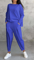 Women's Irregular Long-Sleeve Top & Harem Pants Set Blue