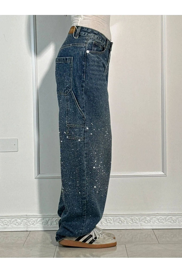 Rhinestone Wide Leg Jeans Sparkling Denim Glam Fashion-MODAUTLET