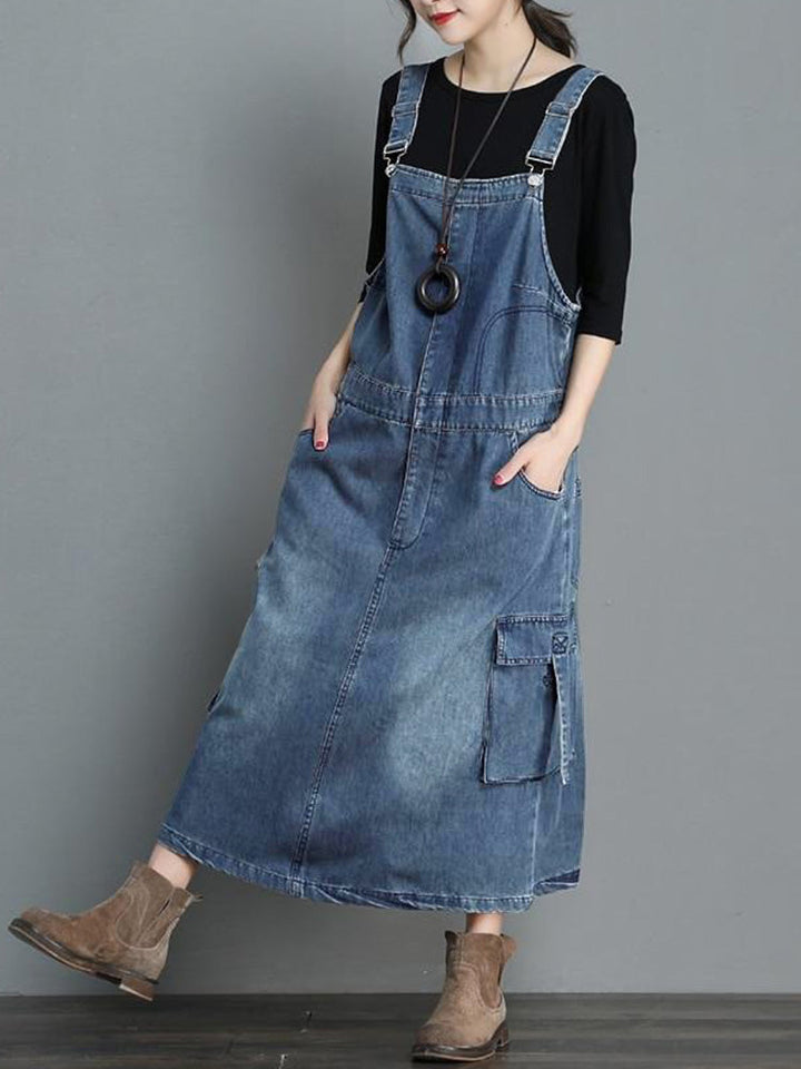 Løs denim overallkjole til kvinder