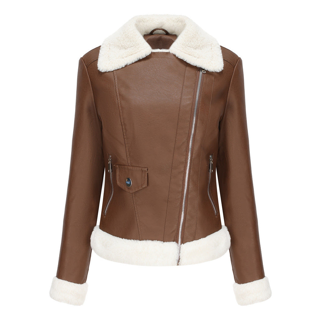 Womens Eco Leather Winter Jacket With Plush Fleece Lining Coffee