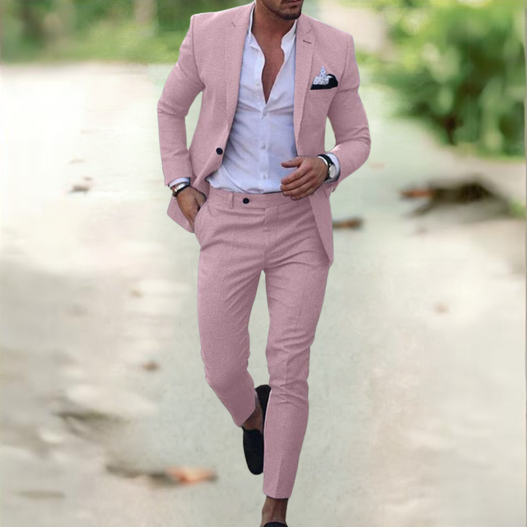 Breathable Linen Suit For Men Summer Two Piece Outfit Pink