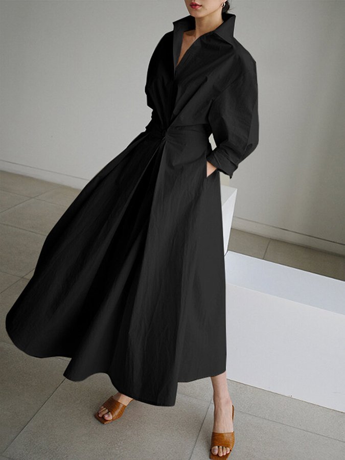 Elegant Women's Belted Shirt Maxi Dress